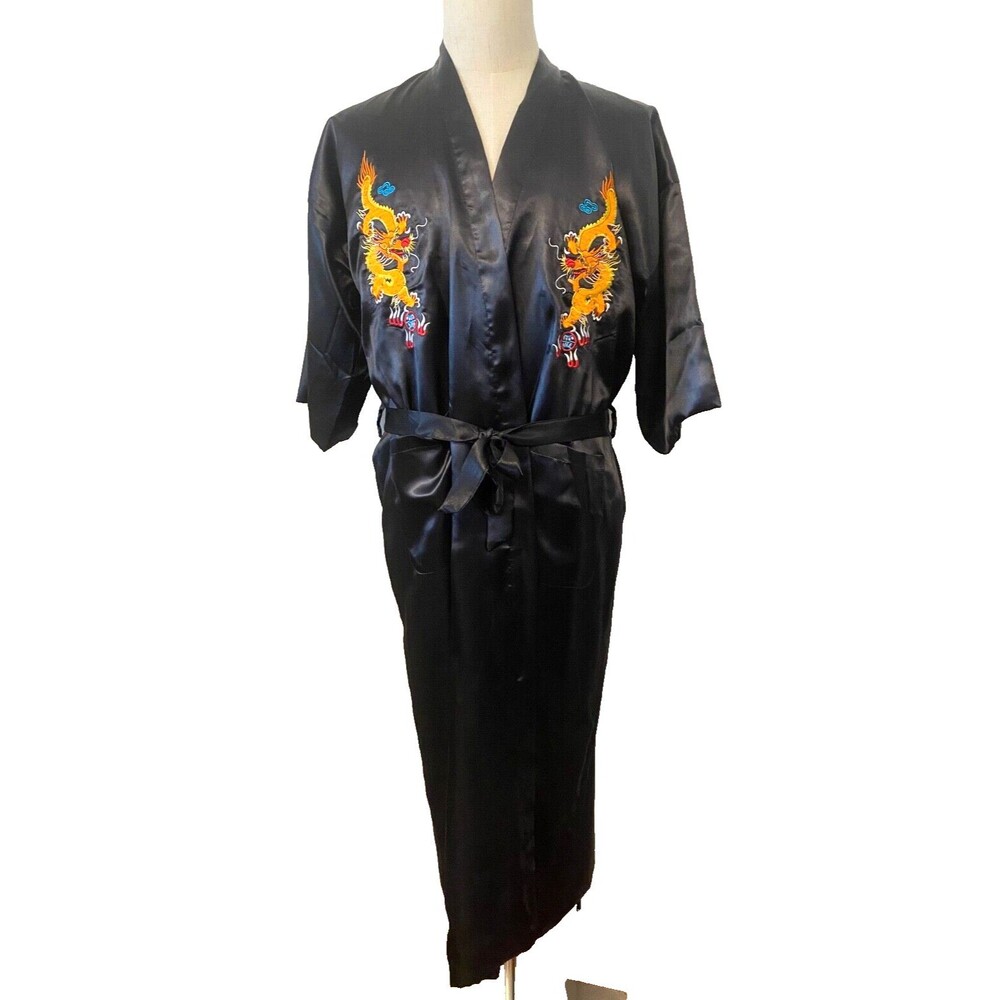 NEW Vtg Huahong Mei Satin Embroidered Kimono Robe XL Black Multi Asian Dragons